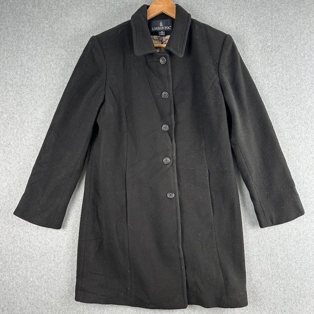 London Fog Womens Black 100% Wool Pea Coat Map Print Lining Size 10 WPL 7888